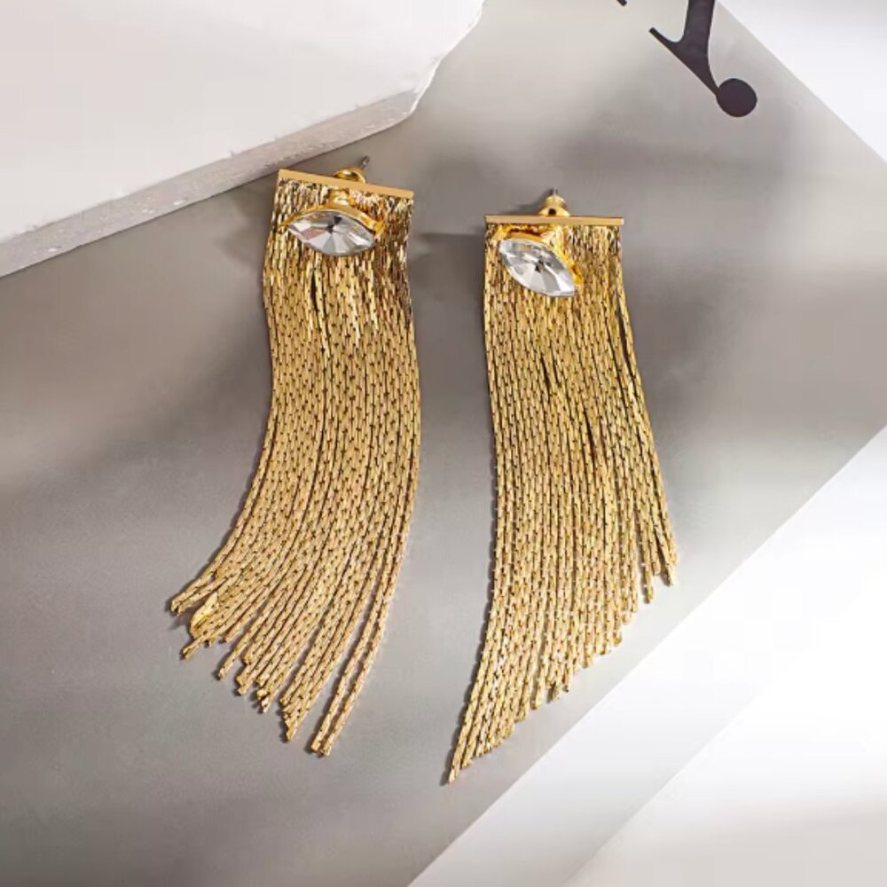 Gold Fringe Tassel Statement Earrings Long Chain Dangle Party Wedding NWOT